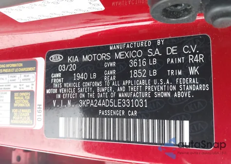 2020 Kia Rio S z USA, uszkodzony, nr VIN 3KPA24AD5LE331031